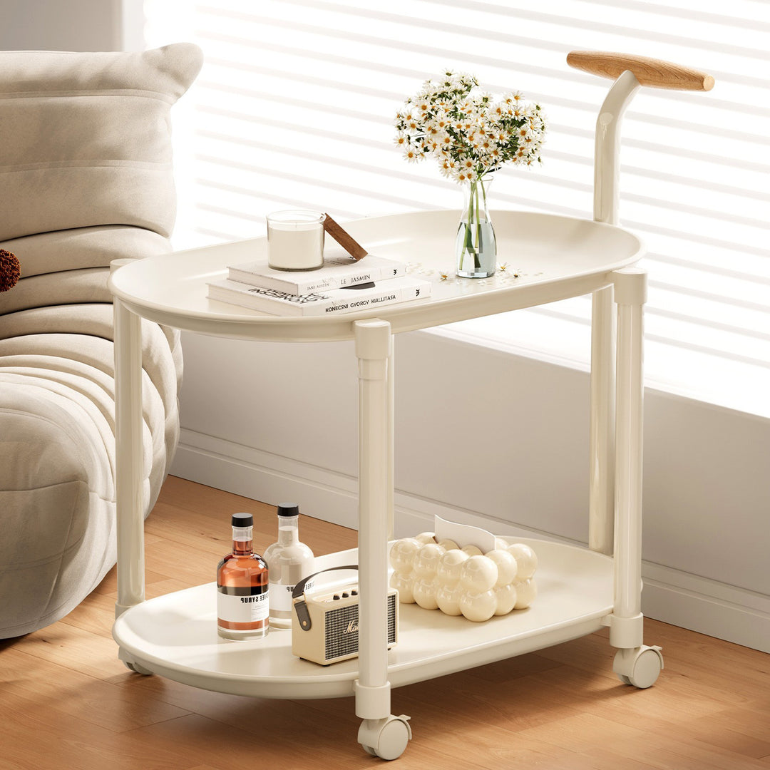 Table basse ovale contemporaine en plastique et acier avec roulettes et 2 niveaux pour salon 