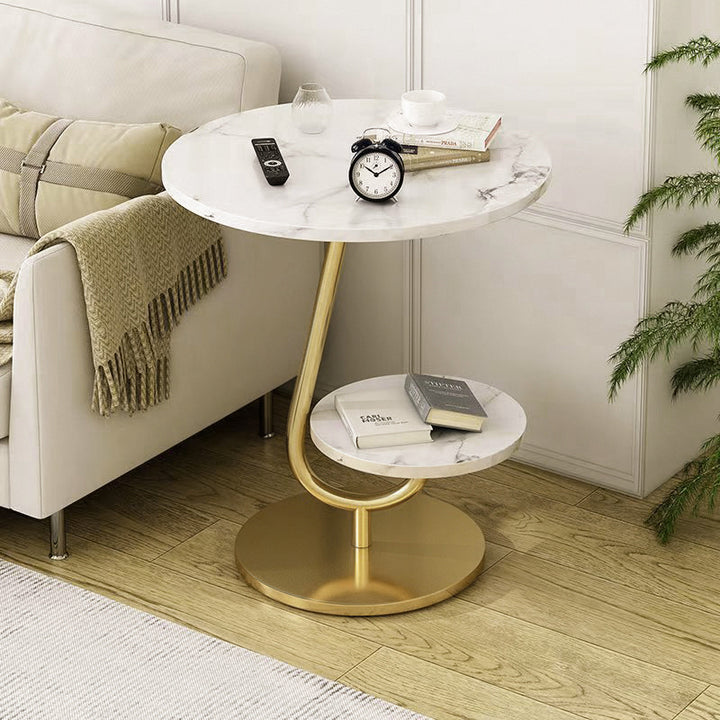 Table basse ronde moderne minimaliste en fer et en panneau de fibres à densité moyenne avec 2 niveaux pour le salon 