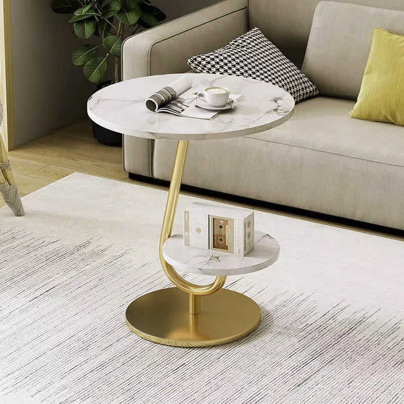Table basse ronde moderne minimaliste en fer et en panneau de fibres à densité moyenne avec 2 niveaux pour le salon 