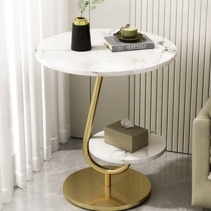 Table basse ronde moderne minimaliste en fer et en panneau de fibres à densité moyenne avec 2 niveaux pour le salon 