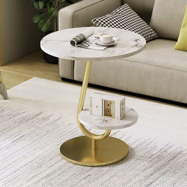 Table basse ronde moderne minimaliste en fer et en panneau de fibres à densité moyenne avec 2 niveaux pour le salon 