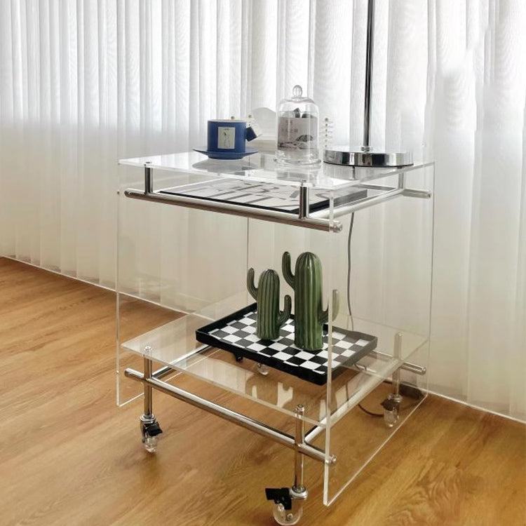 Moderner minimalistischer rechteckiger Beistelltisch aus Acryl und Edelstahl mit 2 Ebenen für das Wohnzimmer 