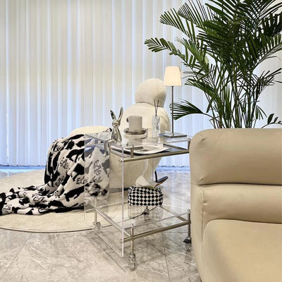 Moderner minimalistischer rechteckiger Beistelltisch aus Acryl und Edelstahl mit 2 Ebenen für das Wohnzimmer 