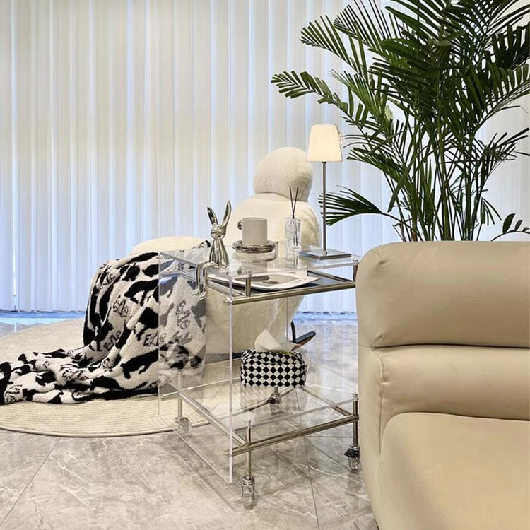 Moderner minimalistischer rechteckiger Beistelltisch aus Acryl und Edelstahl mit 2 Ebenen für das Wohnzimmer 