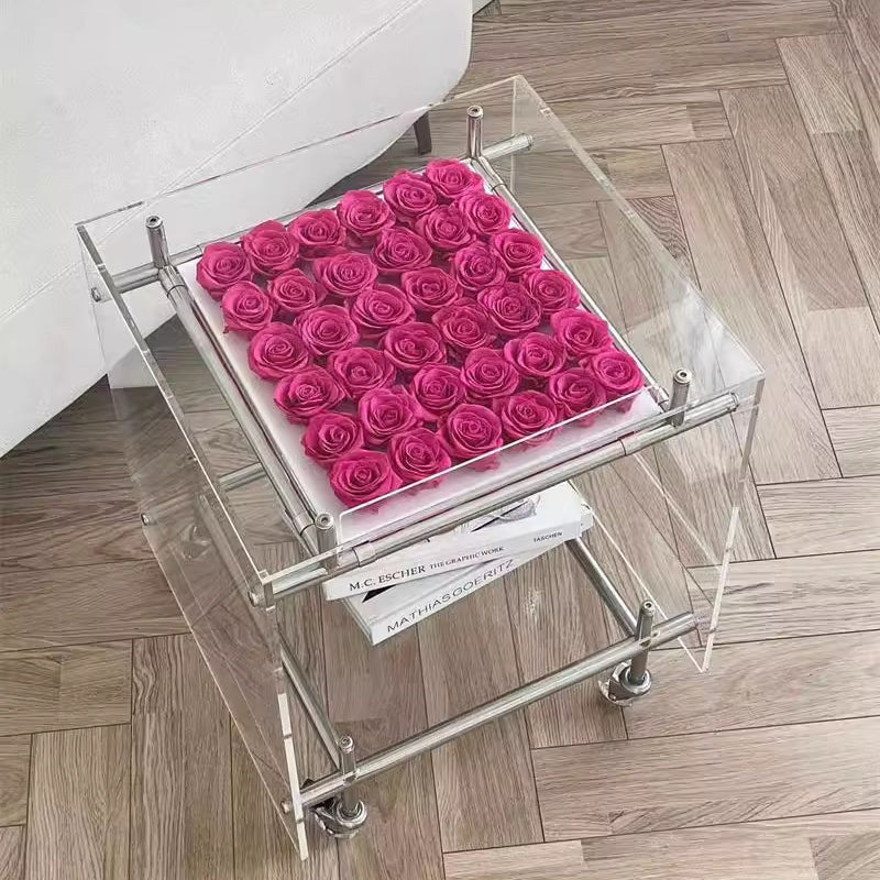 Moderner minimalistischer rechteckiger Beistelltisch aus Acryl und Edelstahl mit 2 Ebenen für das Wohnzimmer 