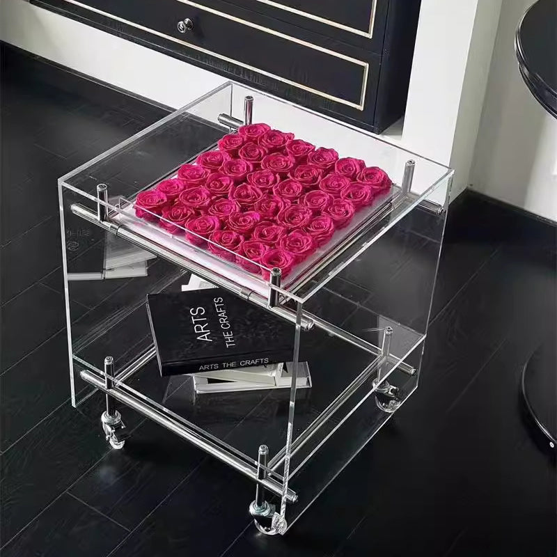 Moderner minimalistischer rechteckiger Beistelltisch aus Acryl und Edelstahl mit 2 Ebenen für das Wohnzimmer 