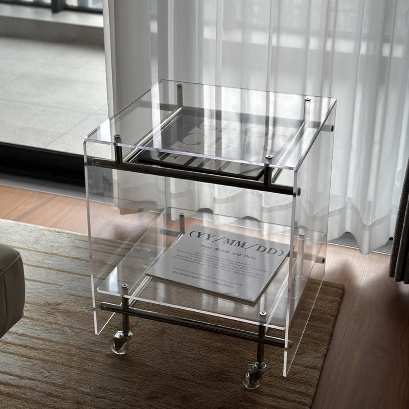 Moderner minimalistischer rechteckiger Beistelltisch aus Acryl und Edelstahl mit 2 Ebenen für das Wohnzimmer 