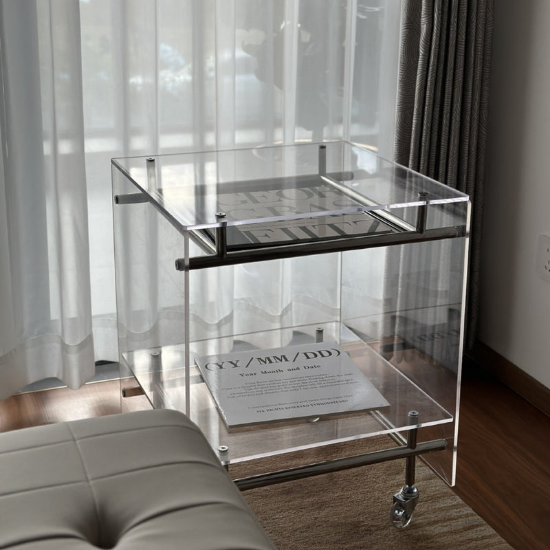 Moderner minimalistischer rechteckiger Beistelltisch aus Acryl und Edelstahl mit 2 Ebenen für das Wohnzimmer 