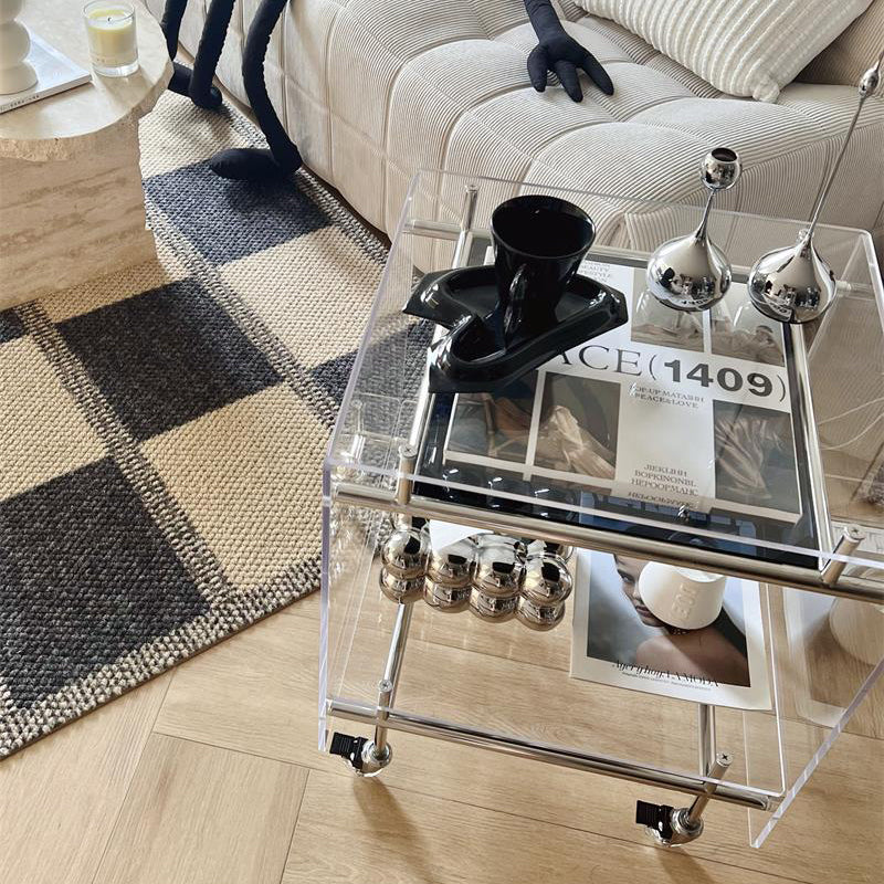 Moderner minimalistischer rechteckiger Beistelltisch aus Acryl und Edelstahl mit 2 Ebenen für das Wohnzimmer 