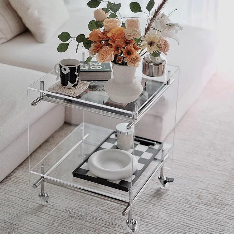 Moderner minimalistischer rechteckiger Beistelltisch aus Acryl und Edelstahl mit 2 Ebenen für das Wohnzimmer 