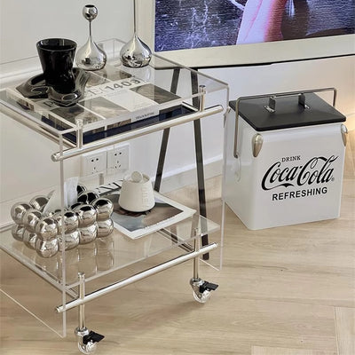 Moderner minimalistischer rechteckiger Beistelltisch aus Acryl und Edelstahl mit 2 Ebenen für das Wohnzimmer 