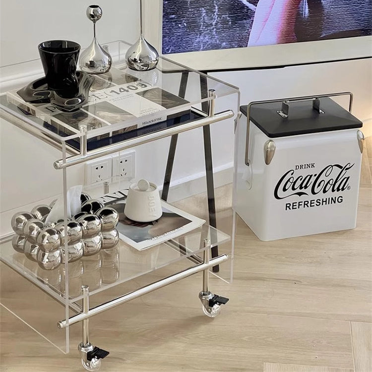 Moderner minimalistischer rechteckiger Beistelltisch aus Acryl und Edelstahl mit 2 Ebenen für das Wohnzimmer 