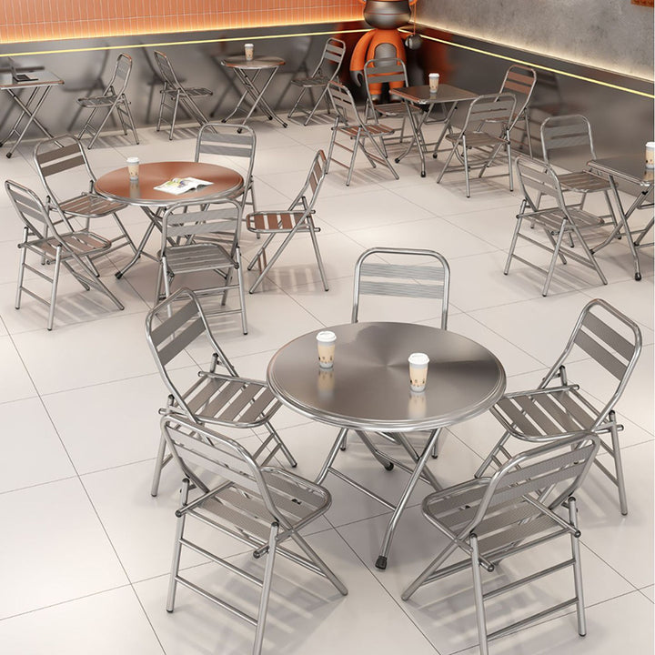 Zeitgenössisches industrielles rechteckiges Klapp-Esstisch- und Stuhlset aus doppelwandigem Edelstahl für Restaurants 