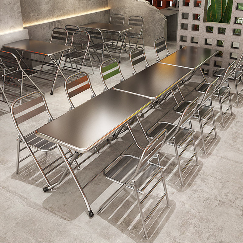 Contemporary Industrial Double-Layer Stainless Steel Rectangular Folding Dining Table & Chair Set For Restaurant