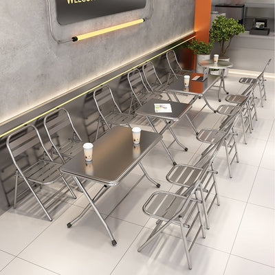 Contemporary Industrial Double-Layer Stainless Steel Rectangular Folding Dining Table & Chair Set For Restaurant