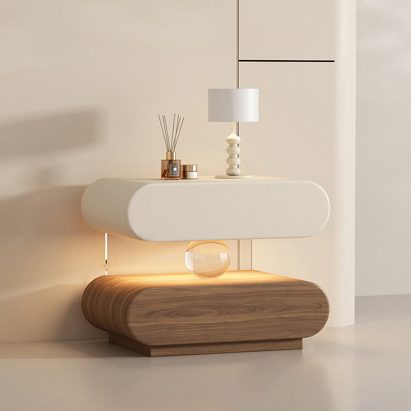 Modern Minimalist Rectangular Oval Solid Wood Cat Scratch Leather Acrylic Crystal Sensor Light Nightstand 2-Drawer Bedroom