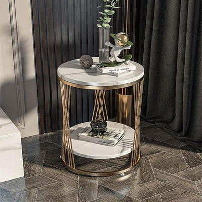 Contemporary Luxury Round Stone Slab Iron Side Table 2-Tier For Living Room