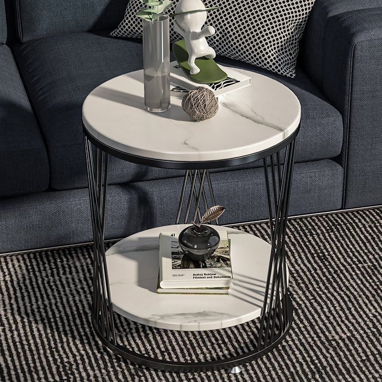 Contemporary Luxury Round Stone Slab Iron Side Table 2-Tier For Living Room