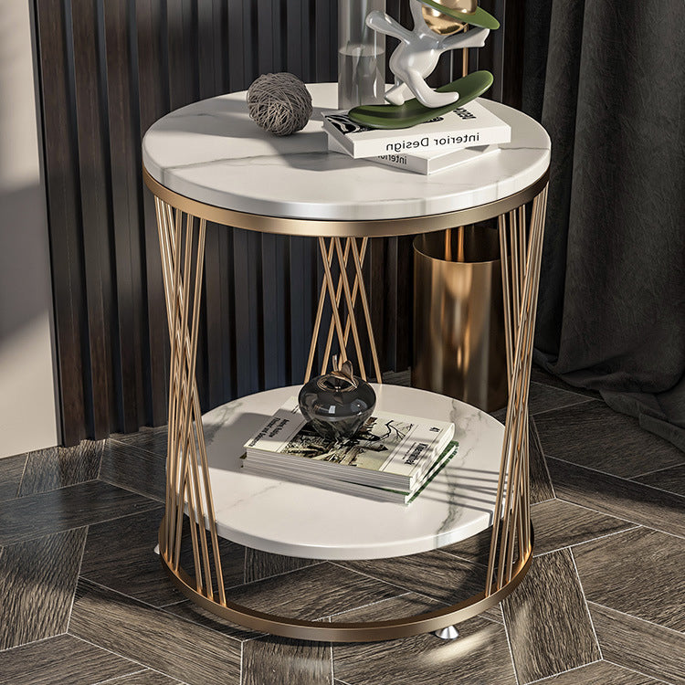 Contemporary Luxury Round Stone Slab Iron Side Table 2-Tier For Living Room