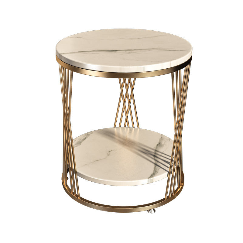 Contemporary Luxury Round Stone Slab Iron Side Table 2-Tier For Living Room