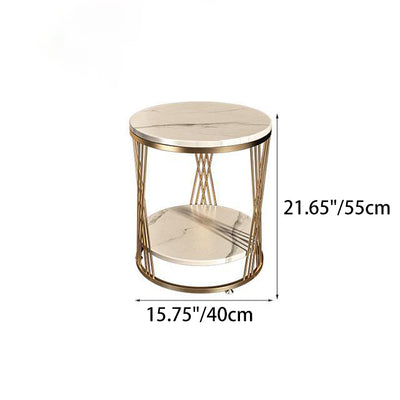 Contemporary Luxury Round Stone Slab Iron Side Table 2-Tier For Living Room