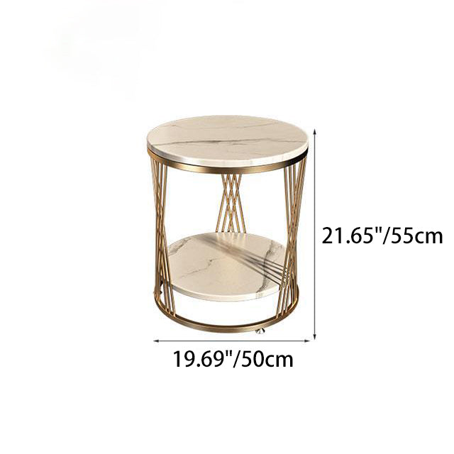 Contemporary Luxury Round Stone Slab Iron Side Table 2-Tier For Living Room