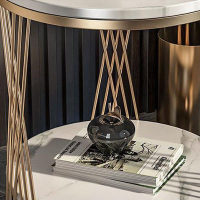 Contemporary Luxury Round Stone Slab Iron Side Table 2-Tier For Living Room