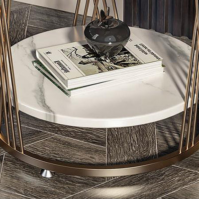 Contemporary Luxury Round Stone Slab Iron Side Table 2-Tier For Living Room