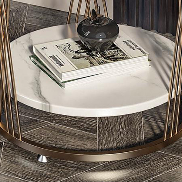 Contemporary Luxury Round Stone Slab Iron Side Table 2-Tier For Living Room
