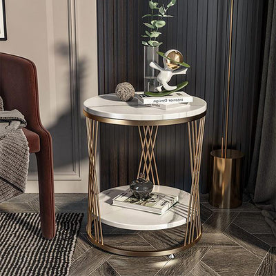 Contemporary Luxury Round Stone Slab Iron Side Table 2-Tier For Living Room