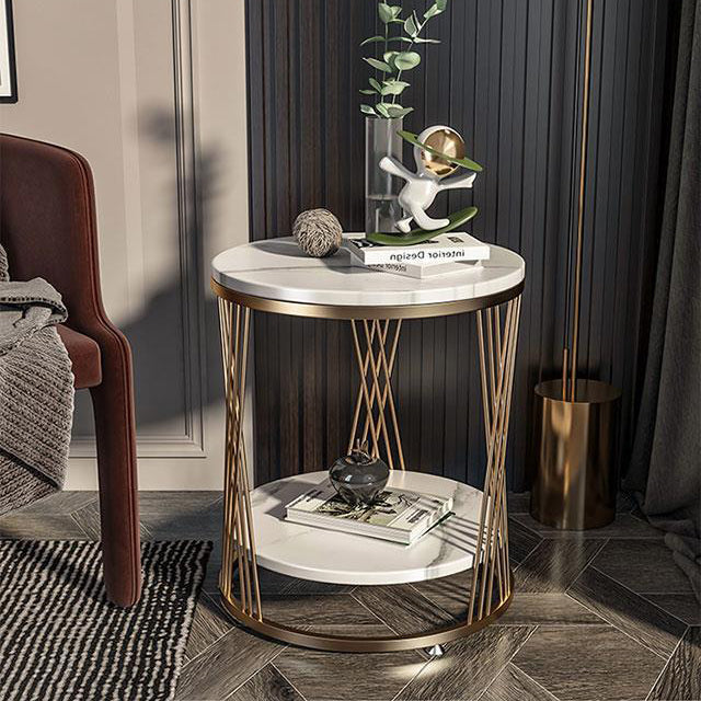 Contemporary Luxury Round Stone Slab Iron Side Table 2-Tier For Living Room