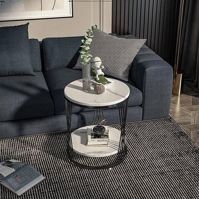 Contemporary Luxury Round Stone Slab Iron Side Table 2-Tier For Living Room