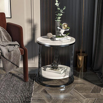 Contemporary Luxury Round Stone Slab Iron Side Table 2-Tier For Living Room