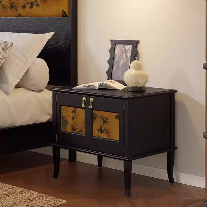 Traditioneller Vintage-Nachttisch aus quadratischem Sperrholz aus weißer Esche und Xiangyunsha-Seide mit 1 Schrank/2 Schubladen fürs Schlafzimmer 