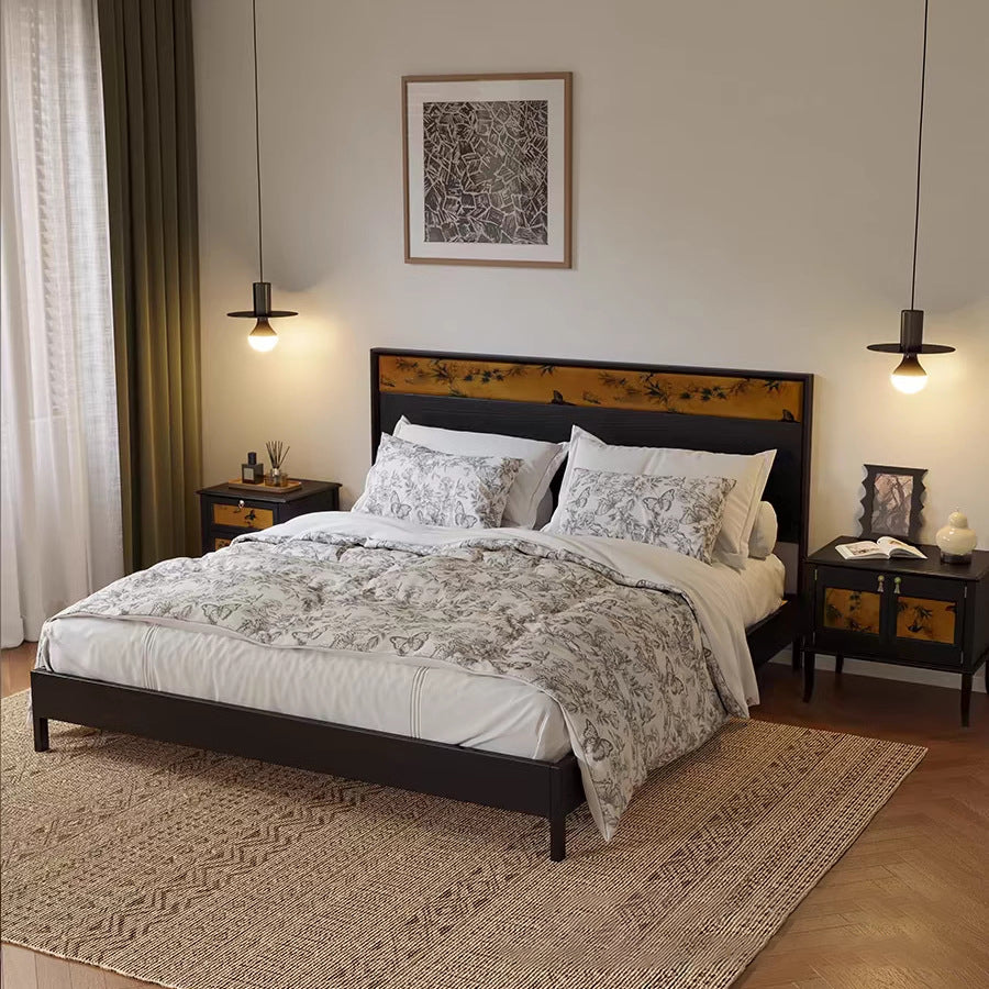 Traditioneller Vintage-Nachttisch aus quadratischem Sperrholz aus weißer Esche und Xiangyunsha-Seide mit 1 Schrank/2 Schubladen fürs Schlafzimmer 