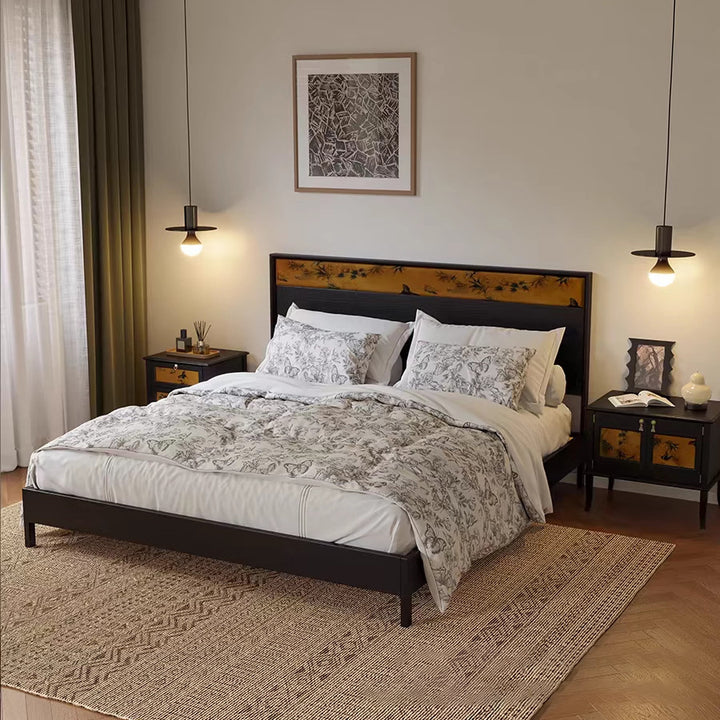 Traditioneller Vintage-Nachttisch aus quadratischem Sperrholz aus weißer Esche und Xiangyunsha-Seide mit 1 Schrank/2 Schubladen fürs Schlafzimmer 