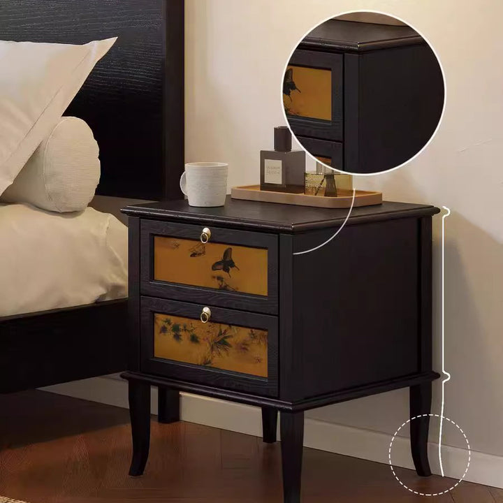 Traditioneller Vintage-Nachttisch aus quadratischem Sperrholz aus weißer Esche und Xiangyunsha-Seide mit 1 Schrank/2 Schubladen fürs Schlafzimmer 