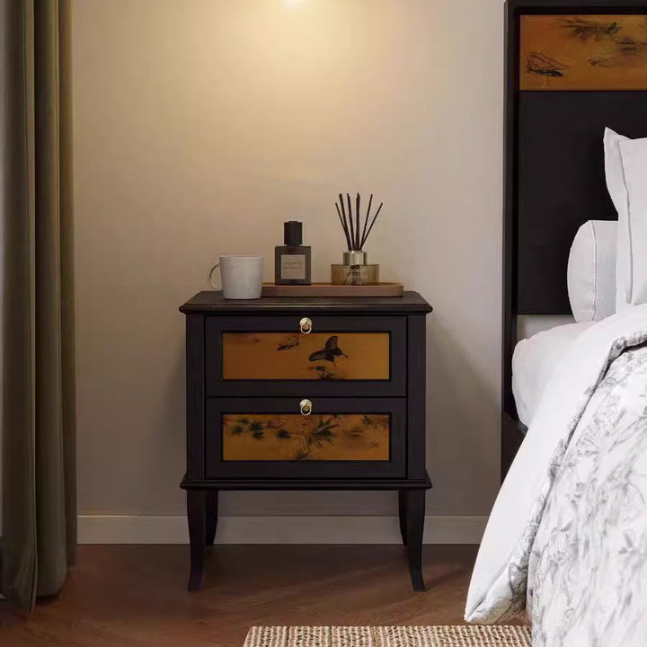 Traditional Vintage Square White Ash Wood Plywood Xiangyunsha Silk Nightstand 1-Cabinet/2-Drawer For Bedroom