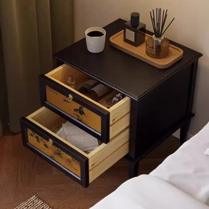 Traditioneller Vintage-Nachttisch aus quadratischem Sperrholz aus weißer Esche und Xiangyunsha-Seide mit 1 Schrank/2 Schubladen fürs Schlafzimmer 