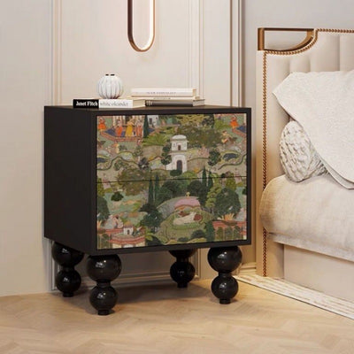 Traditional French Square Pine Wood Solid Wood Nightstand 2-Drawer For Bedroom