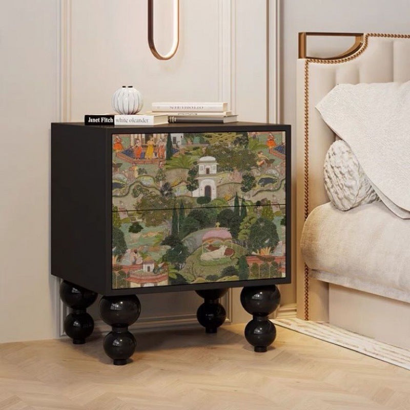 Traditional French Square Pine Wood Solid Wood Nightstand 2-Drawer For Bedroom