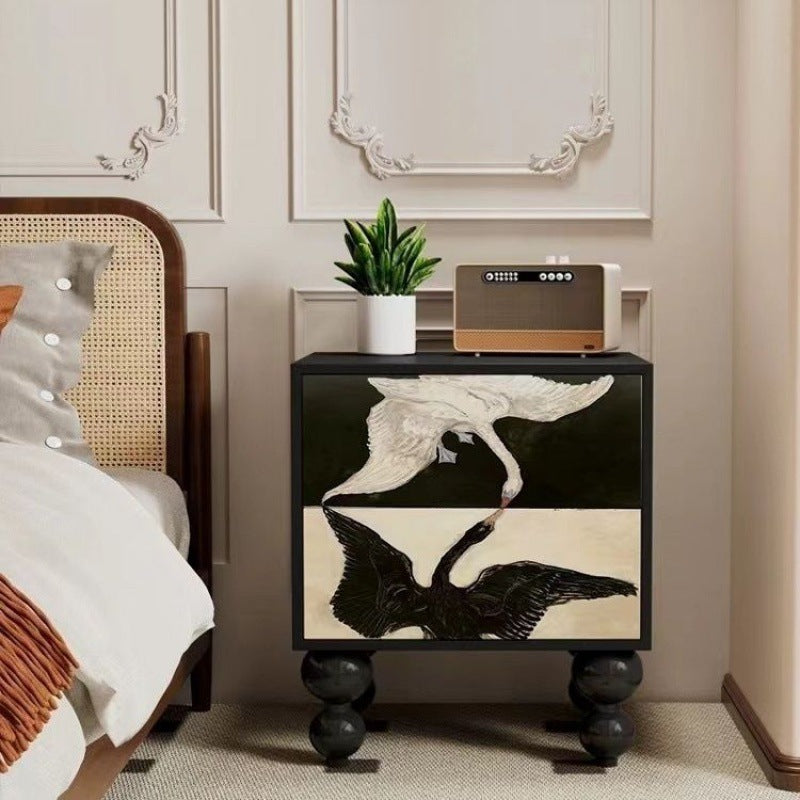 Traditional French Square Pine Wood Solid Wood Nightstand 2-Drawer For Bedroom