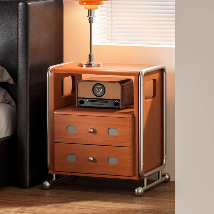 Traditional Vintage Square Pine Wood Boxwood Stainless Steel Nightstand 2-Drawer For Bedroom