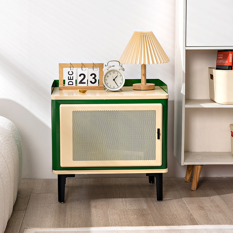 Modern Mid-Century Square Cold-Rolled Steel Sheet Galvanized Perforated Panel Nightstand 1-Cabinet For Bedroom
