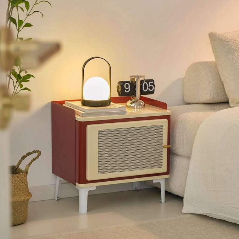 Modern Mid-Century Square Cold-Rolled Steel Sheet Galvanized Perforated Panel Nightstand 1-Cabinet For Bedroom