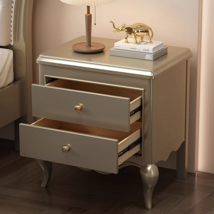 Traditional French Square Multi-Layer Solid Wood Panel Nightstand 2-Drawer For Bedroom