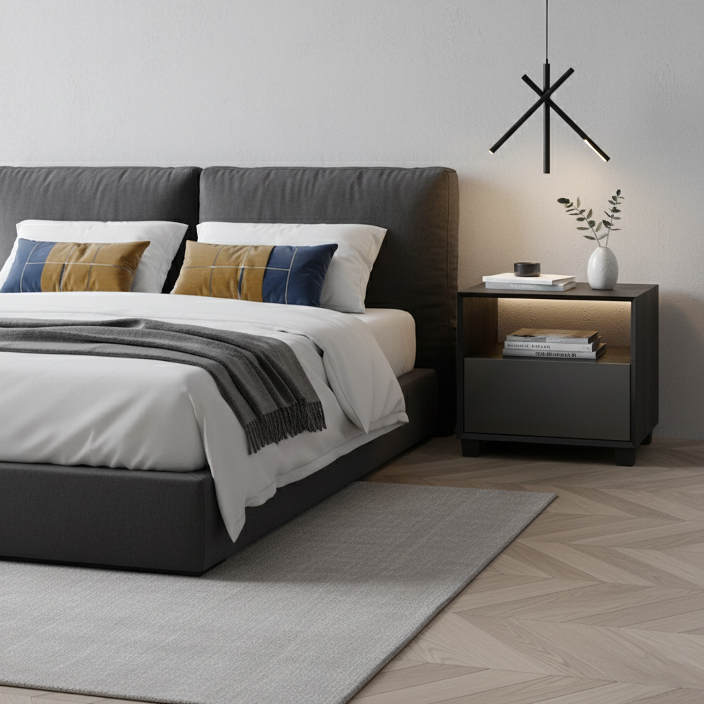 Mesita de noche moderna minimalista cuadrada con 1 cajón de almacenamiento en gris oscuro para dormitorio 
