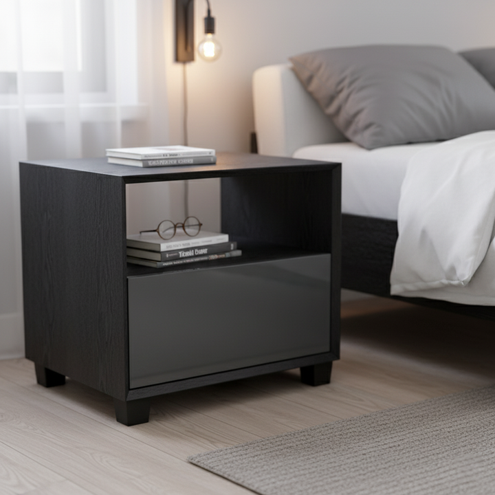 Table de nuit carrée minimaliste moderne à 1 tiroir, gris foncé, pour chambre à coucher 