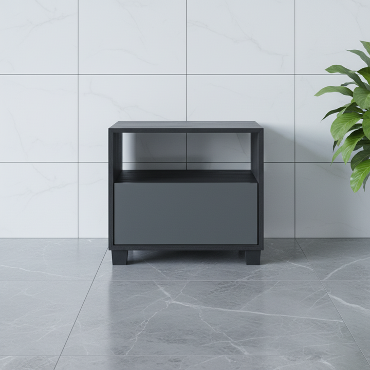 Table de nuit carrée minimaliste moderne à 1 tiroir, gris foncé, pour chambre à coucher 