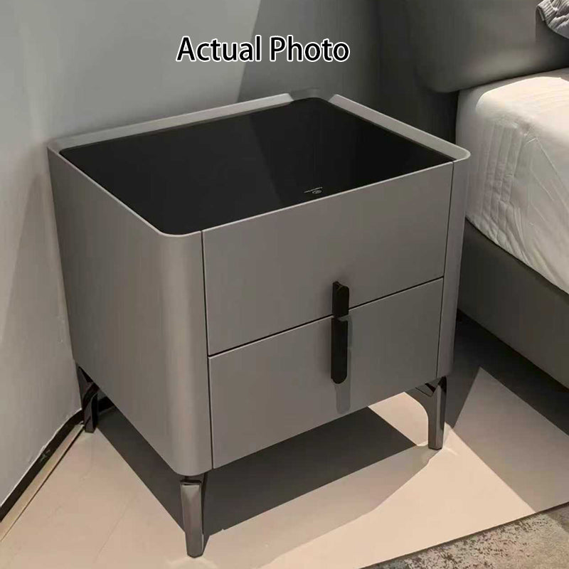 Table de chevet de luxe moderne carrée à 2 tiroirs - plateau en verre noir pour chambre à coucher 